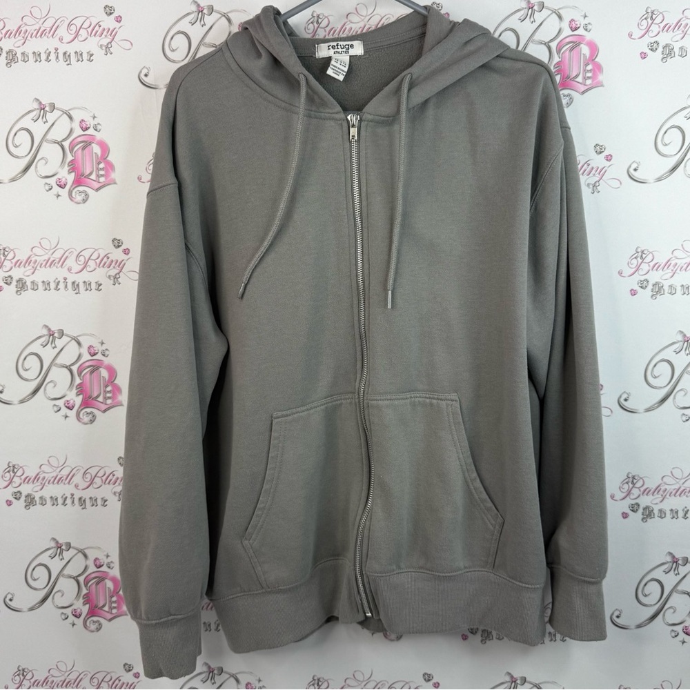 refuge sweater hoodie zipper Stone Gray Full-Zip Hoodie with Hood and Pockets